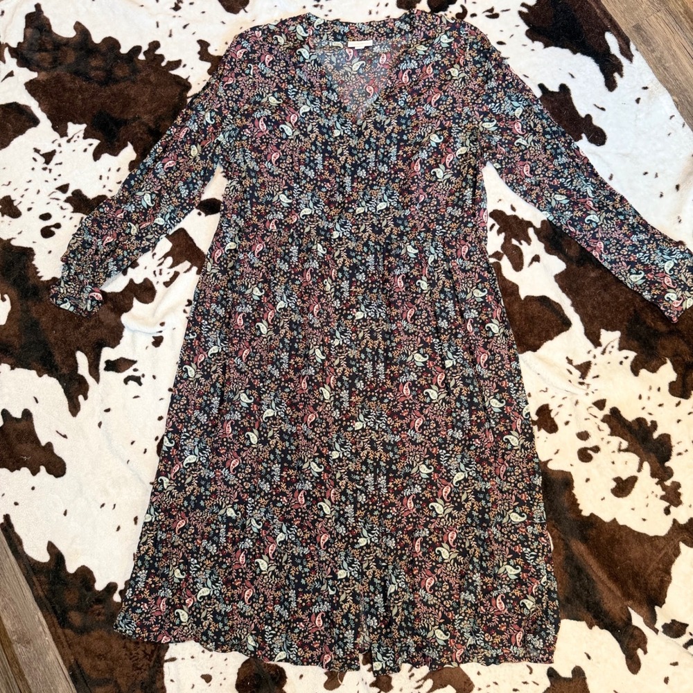 J. Jill Dress Womens Large Navy Floral Paisley Rayon Boho Cottagecore Midi VNeck
